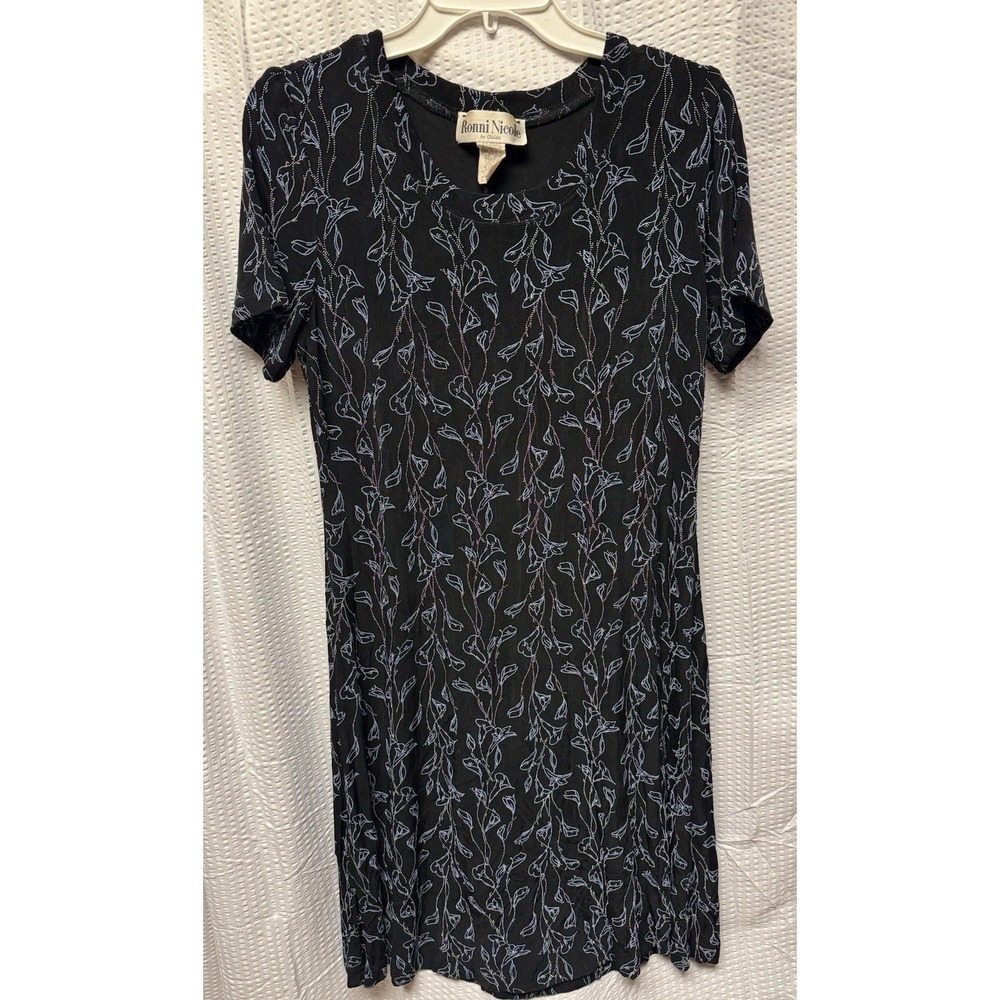 Vtg Women's Ronni Nicole by Ouida Deep Navy Blue Floral Pattern Flowey Dress 12